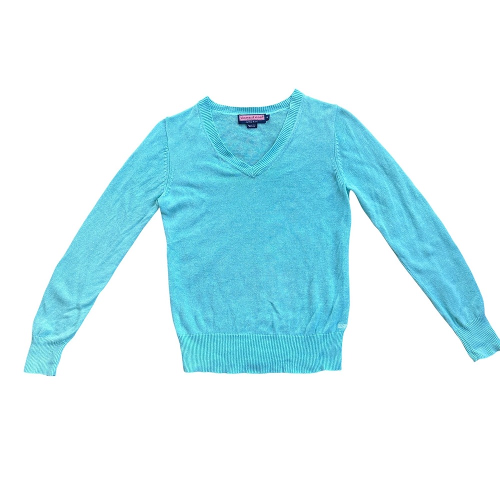 Vineyard Vines V-Neck Sweater Wmns Medium Blue 100% Linen Excellent Preppy Whale